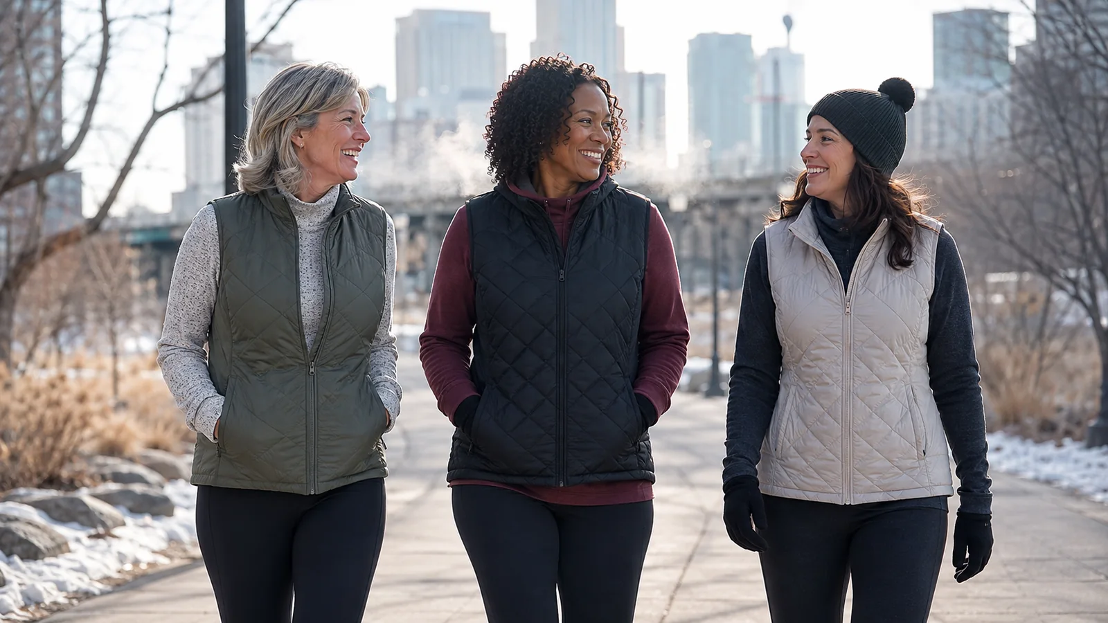 Three women wearing lightweight quilted vests on a cold urban walking trail