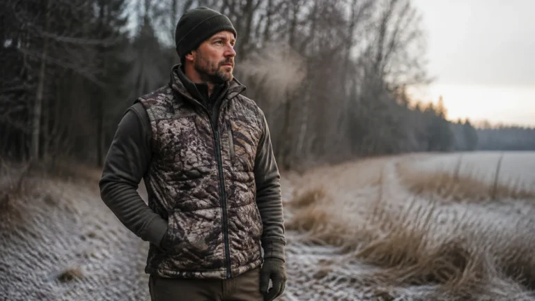 Hunter wearing a camouflage insulated vest beside a frosty winter field