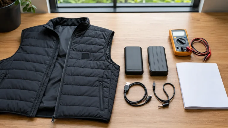 Heated vest beside different battery packs, cables, a multimeter and a manual