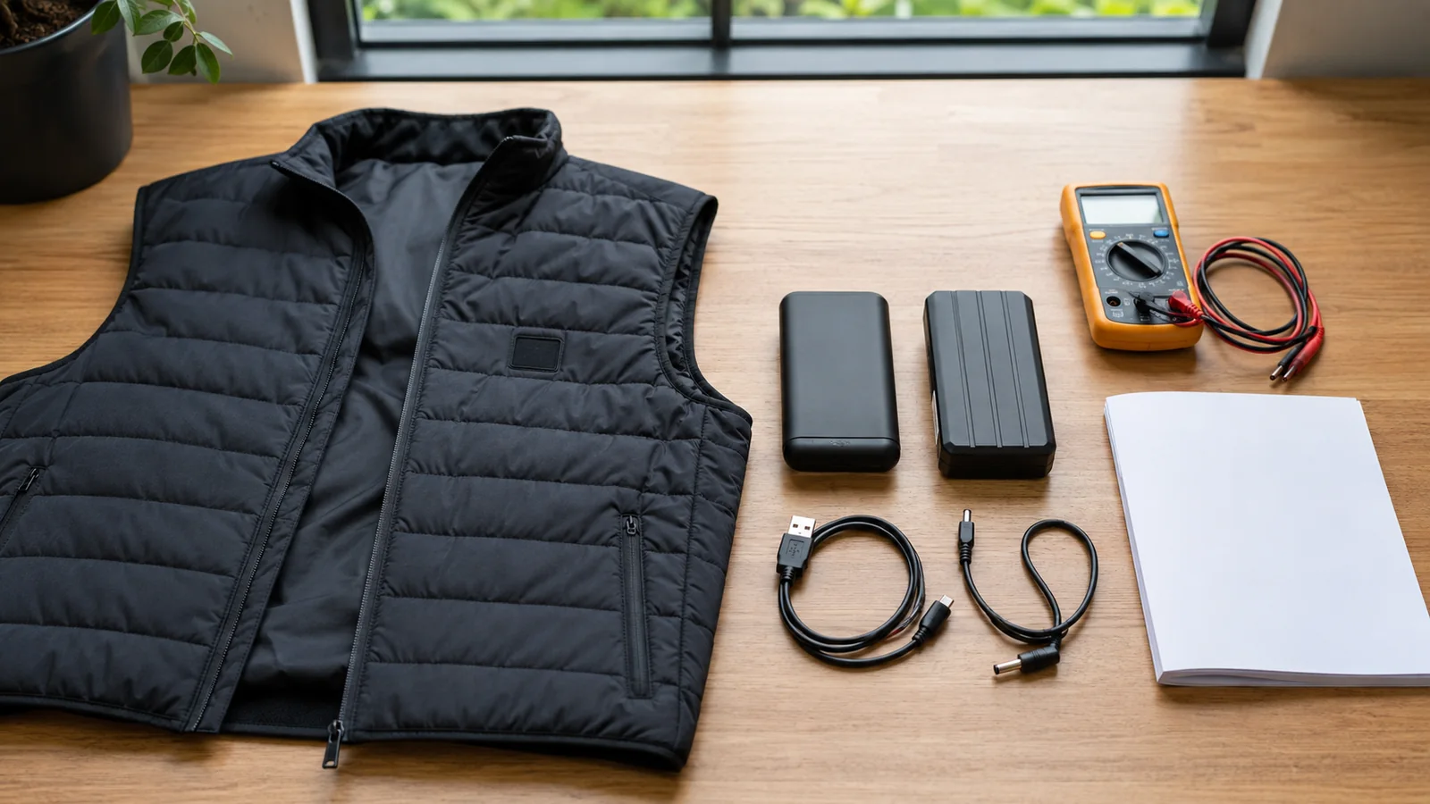 Heated vest beside different battery packs, cables, a multimeter and a manual