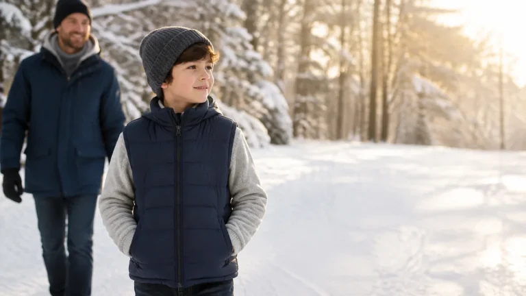 Child wearing a puffer vest with a parent on a snowy winter walk