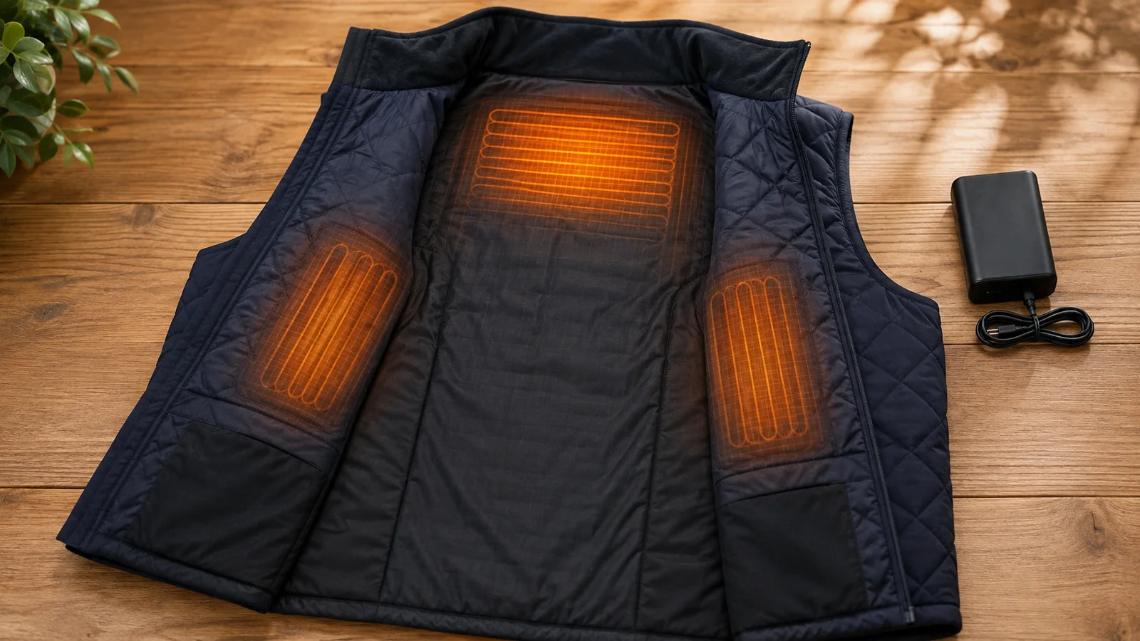Heated vest with illustrated internal warming zones and rechargeable battery pack