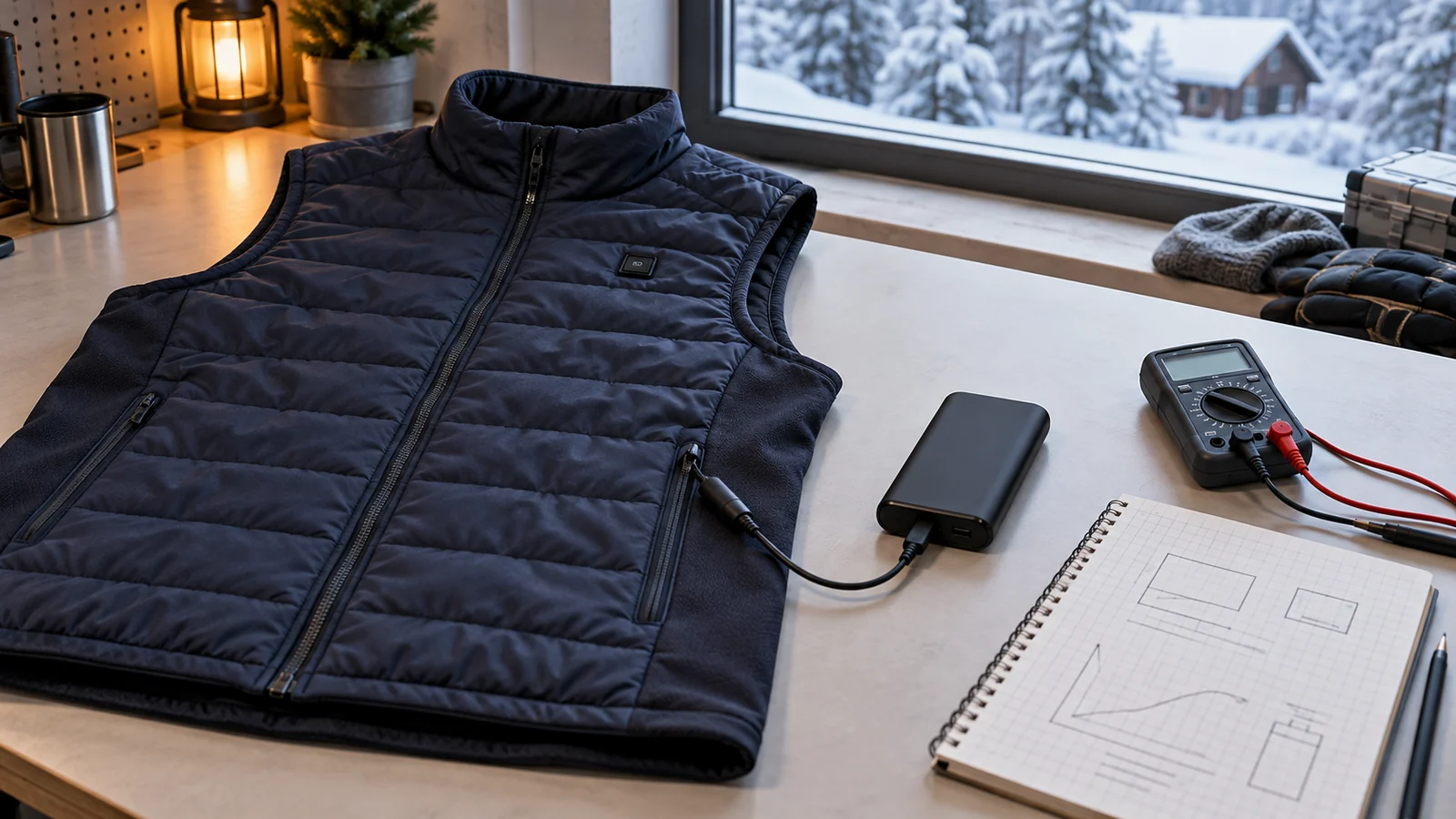 Heated vest, battery pack and multimeter for estimating battery runtime
